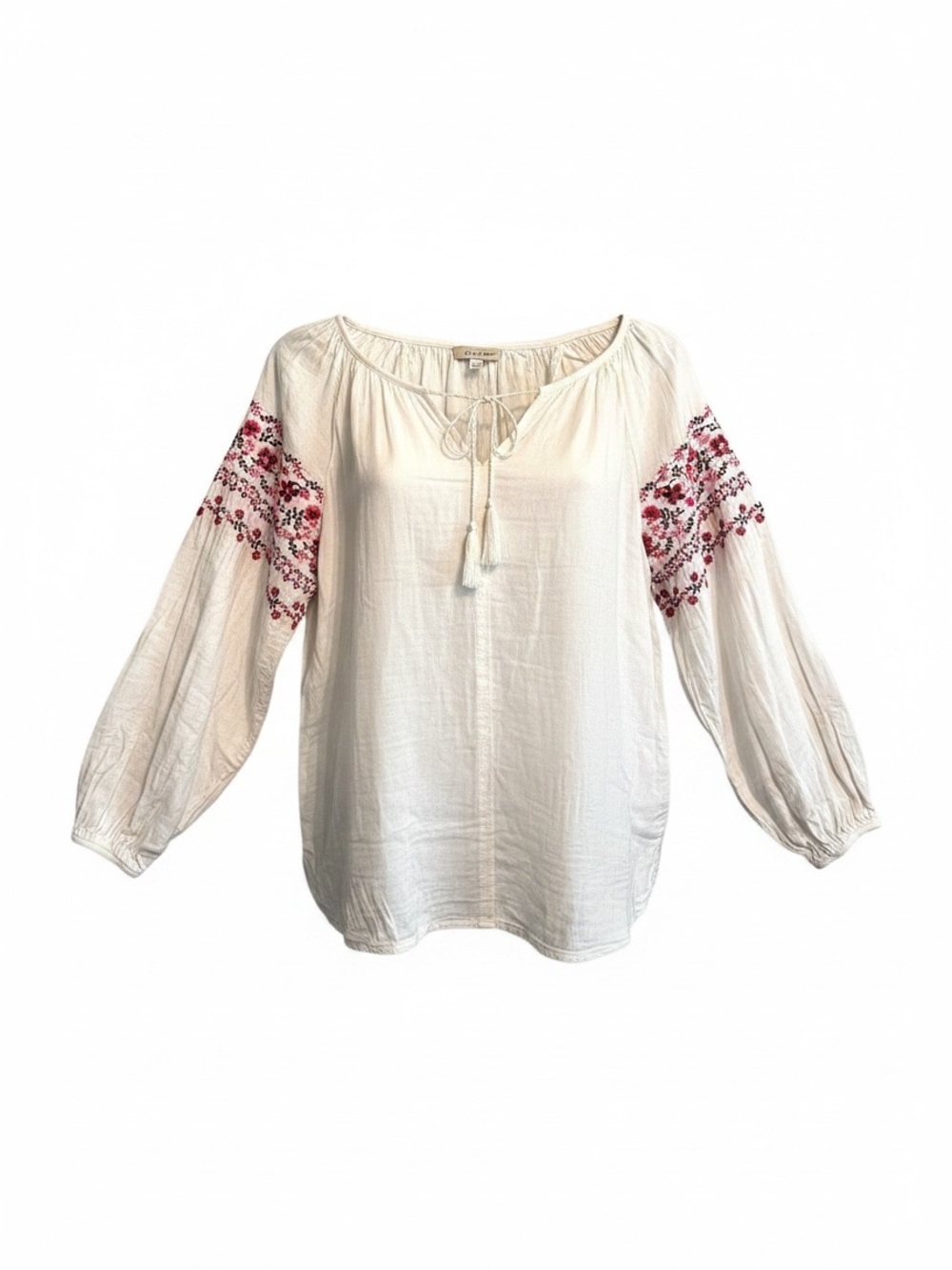 Old Navy Boho Cream / RedEmbroidered Peasant Top Small Cottagecore Gauze Blouse